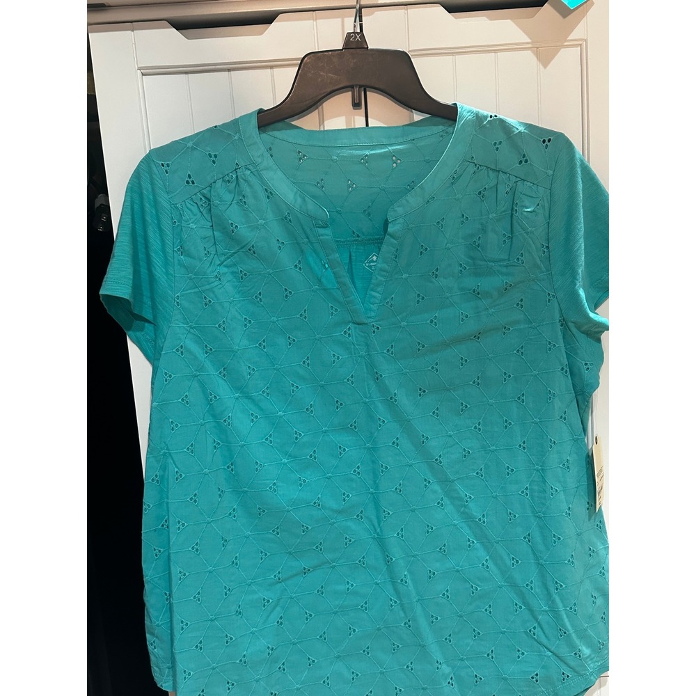 St Johns Bay Womens XXL Teal Green Eyelet Cotton Slub Short Sleeve Blouse Top